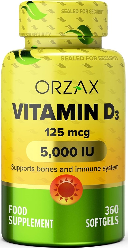 ORZAX Vitamin D3 5000 iu (125 mcg) - Non- GMO, Gluten Free, Sugar Free, Dairy Free - 1 års levering til stærk muskelfunktion & immunforsvar - Mood Supplement for Wellness (360 Softgel)