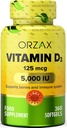 ORZAX Vitamin D3 5000 iu (125 mcg) - Non- GMO, Gluten Free, Sugar Free, Dairy Free - 1 års levering til stærk muskelfunktion & immunforsvar - Mood Supplement for Wellness (360 Softgel)