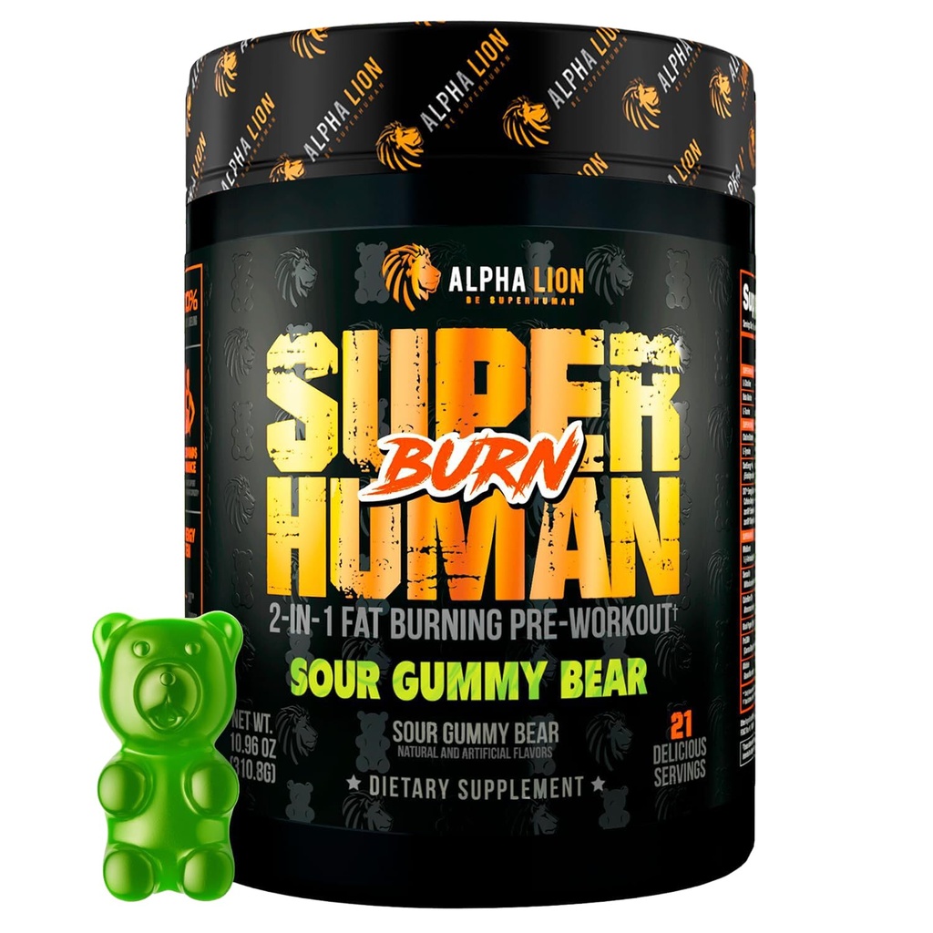 LEONA LION Superhuman Burn - 2 i 1 Metabolisme Booster Pre Workout og termogene Fat Burner for mænd - Appetit suppressant og vægttab supplement (21 Servere, Sour Gummy Bear)