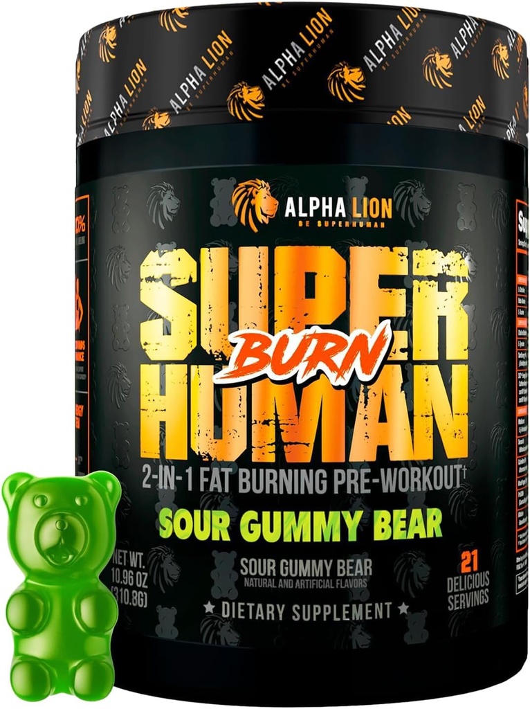 LEONA LION Superhuman Burn - 2 i 1 Metabolisme Booster Pre Workout og termogene Fat Burner for mænd - Appetit suppressant og vægttab supplement (21 Servere, Sour Gummy Bear)