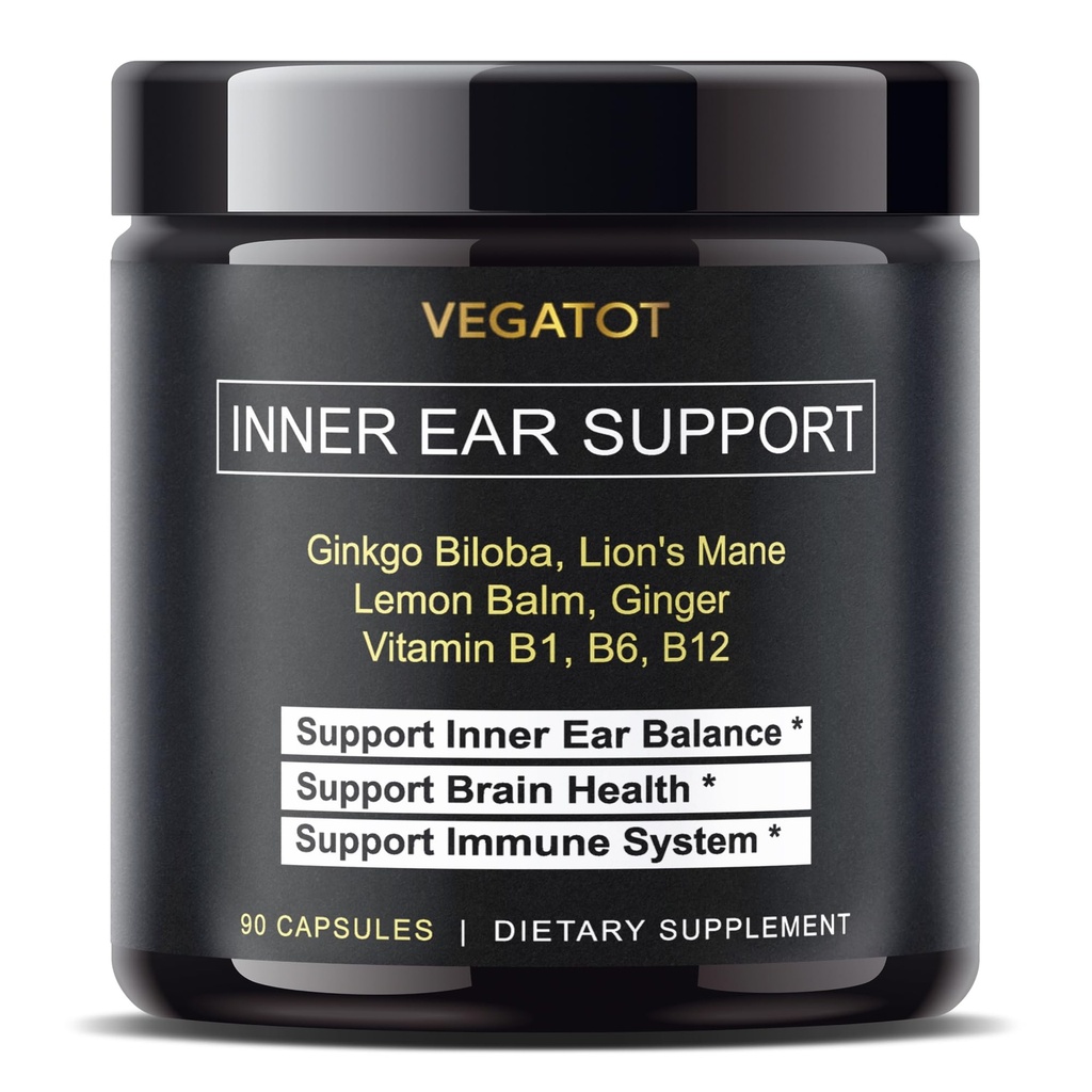 VEGATOT Vertigo Supplement * USA Made and Tested * Indre øre tillæg med Ginkgo Biloba Lions Mane Lemon Balm Ginger VIT B1, B6, B12 - for Svimmelhed Spinning Indre øre Balance
