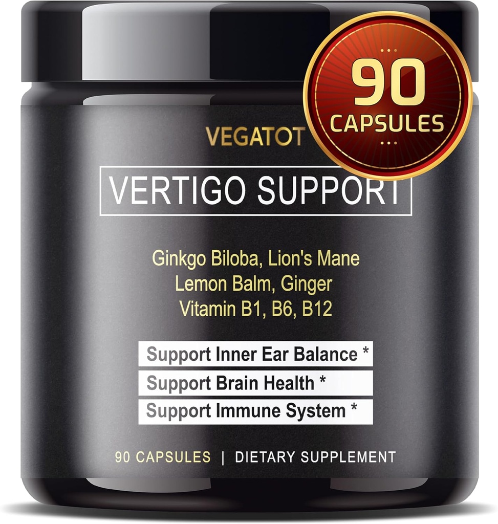 VEGATOT Vertigo Supplement * USA Made and Tested * Indre øre tillæg med Ginkgo Biloba Lions Mane Lemon Balm Ginger VIT B1, B6, B12 - for Svimmelhed Spinning Indre øre Balance