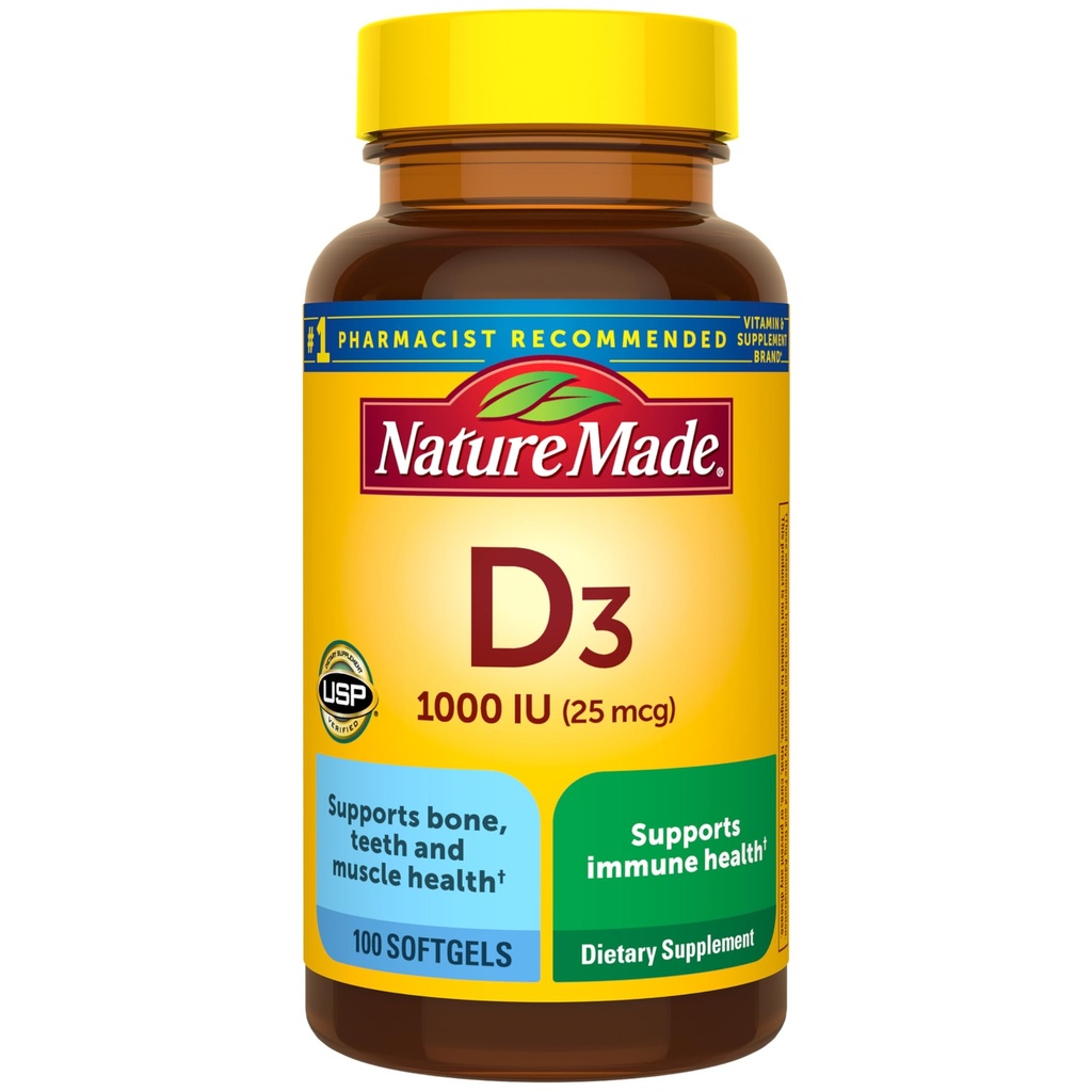 Nature Made Vitamin D3 1000 IE (25 mcg), Vitamin D supplement til ben, tænder, muskel og immunforsvar Support, 100 Softgels, 100 dages forsyning