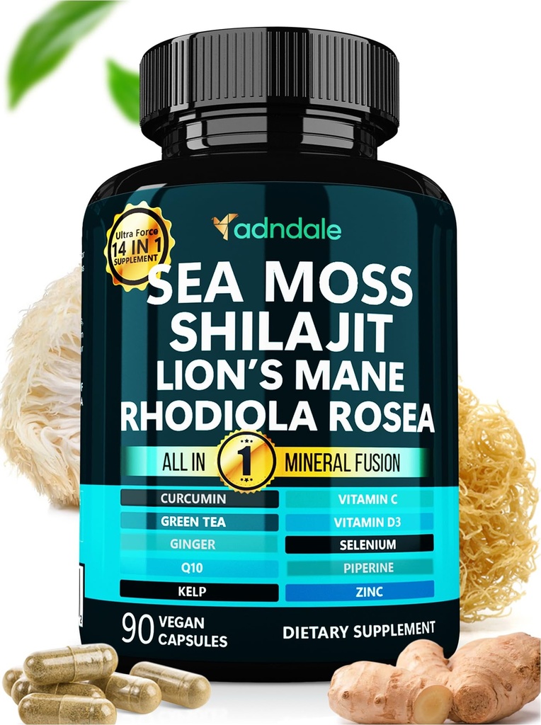 Adndale SeaMoss Shilajit Combo - Sea Moss and Shilajit Bundle with Lion's Mane, CoQ10, Rhodiola Rosea Capsules - 90 Count