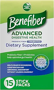 Benefiber Advanced Digestive Health Prebiotic Fiber Supplement Powder with Probiotics for Digestive Health, Low FODMAP – 15 Sticks (3.0 Ounces)