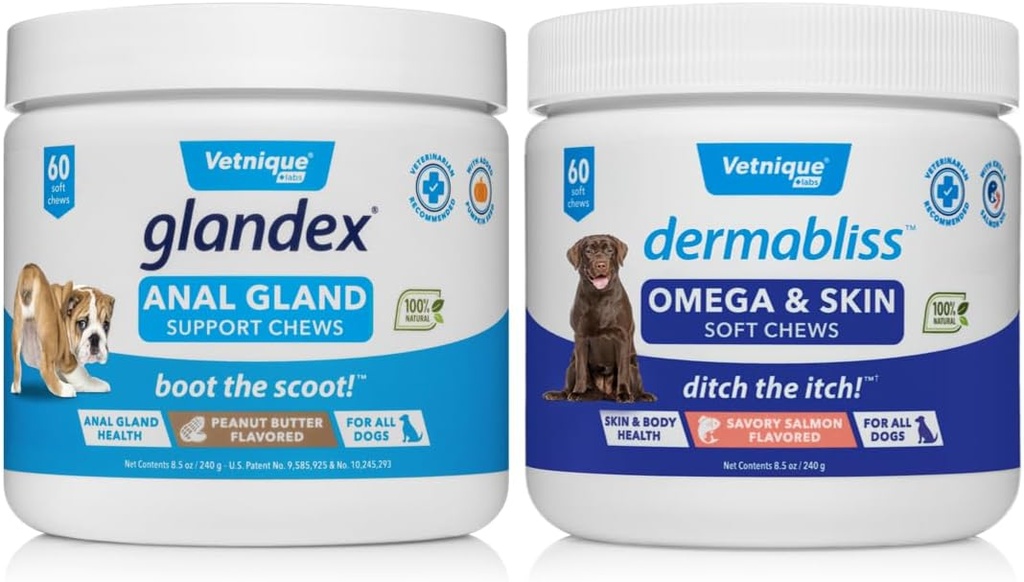 VETNIQUE Dermabliss Omega & Skin Supplement tygger til hunde (60ct) & Glandex Anal Gland Support Peanut Butter Soft Tygge til hunde (60ct) Bundle