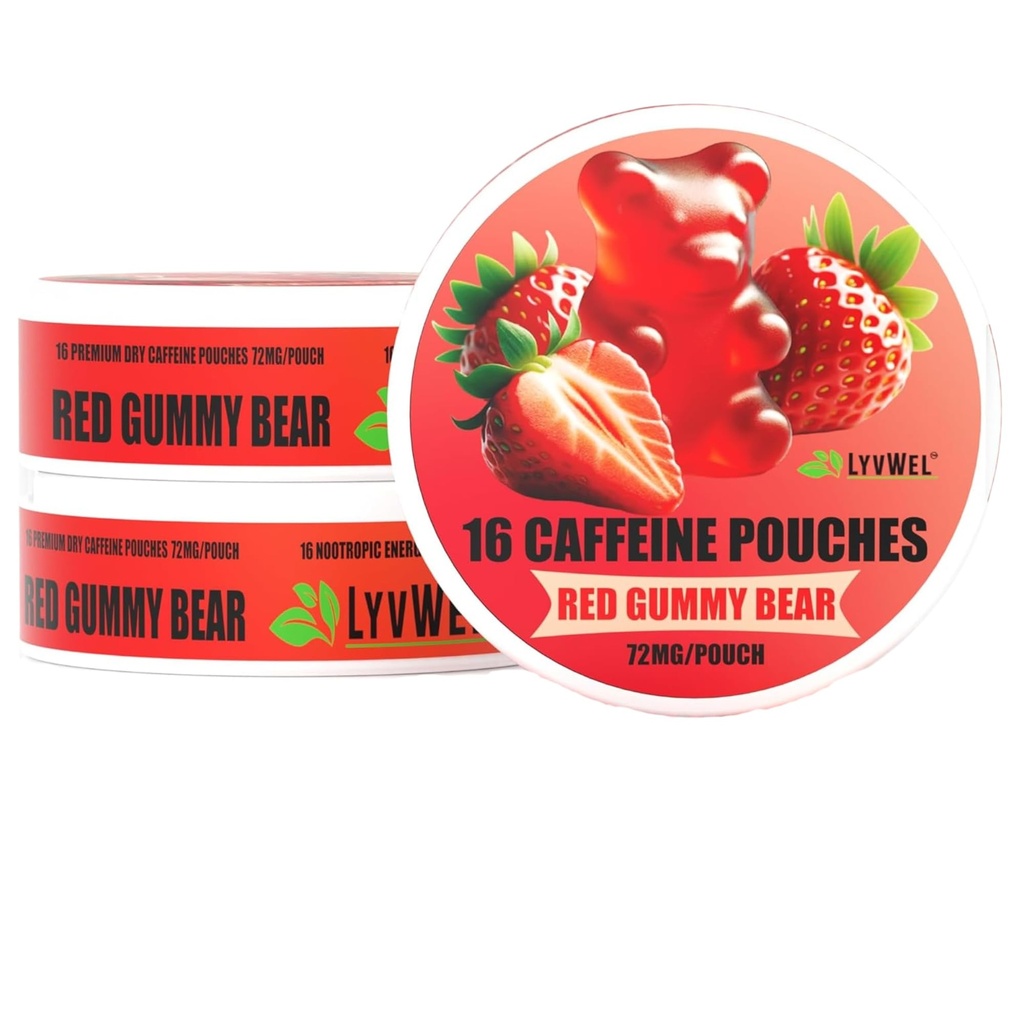 LyvWel 72mg Caffeine Energy Pouches | Nootropic Focus & Neuro Support | 3-Pack with 16 Pouches Per Can | Tobacco-Free, Nicotine-Free, Quick Energy Solution (3 Pack, Red Gummy)