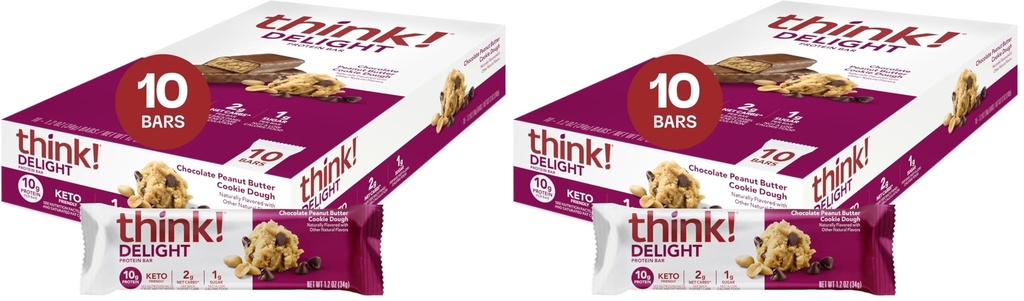 think! Delight, Keto Protein Bars, Healthy Low Carb, Gluten Free Snack - Chocolate Peanut Butter Cookie Dough, 10 Count (Packaging May Vary) (Pack of 2)