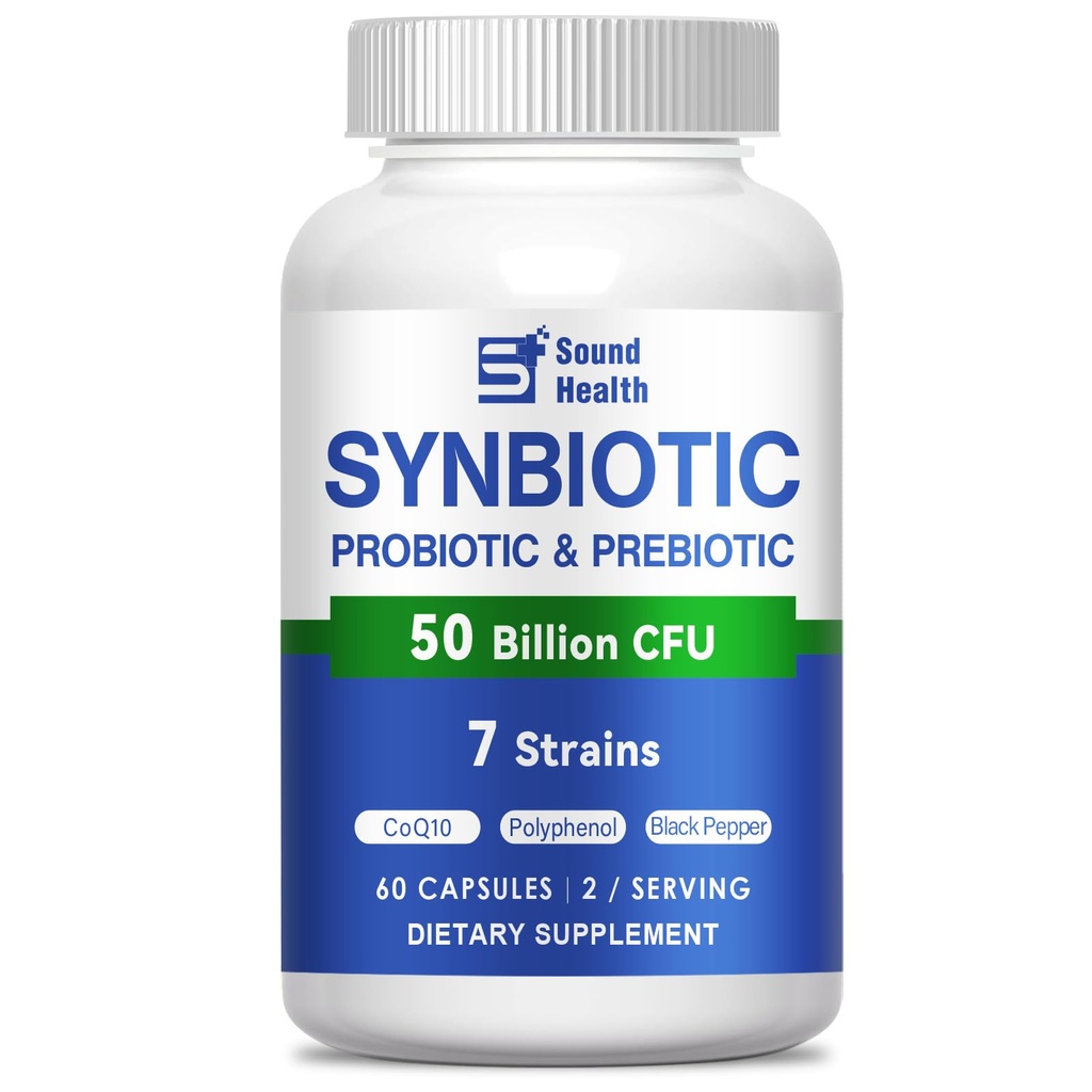 50 Billion CFU Synbiotic Probiotic Capsules 7 Strains Probiotics Prebiotics Supplement, Digestive Immune Gut Support for Adults, Non-GMO Gluten Free 60 Capsules
