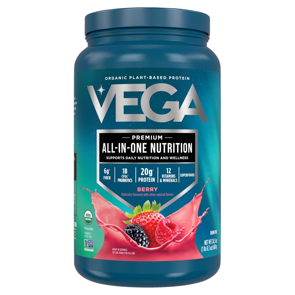 Vega All in One Nutrition Organic - 20g Plant- Based Pea Protein, Berry, 20 Servering, Vitamin A & C, Probiotika, Grønne, Vegan, Keto, Gluten Free, 24.3oz (Packaging May Vary)