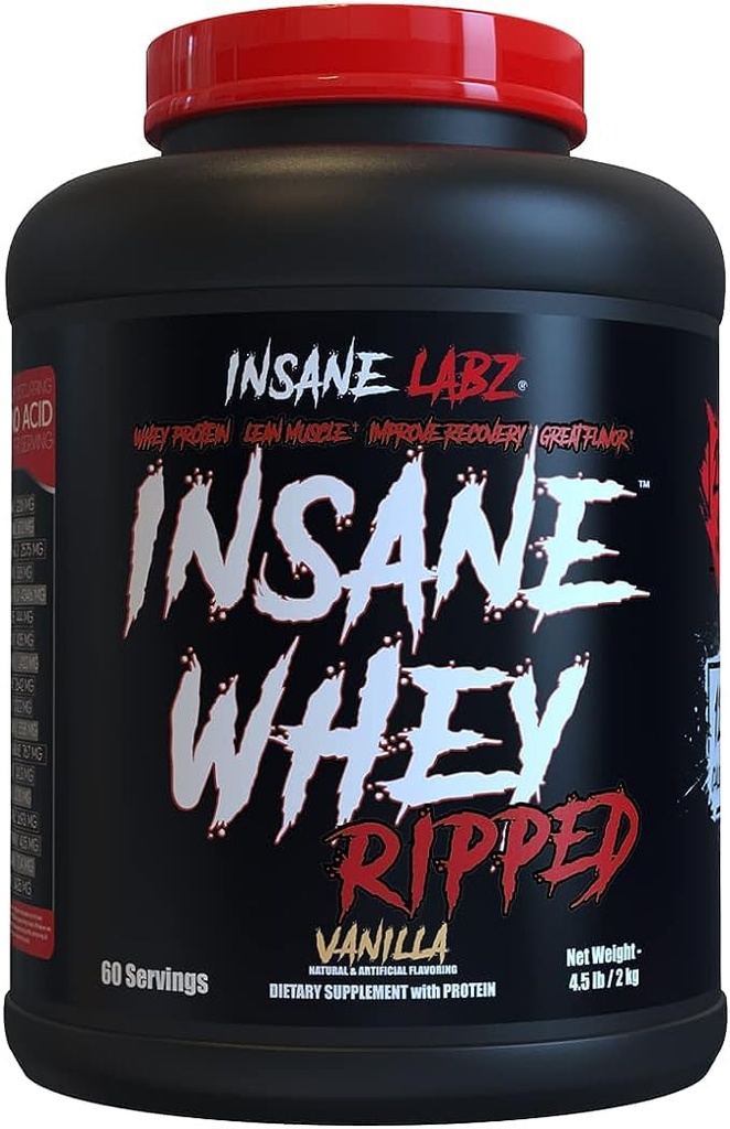 Insane Labz Insane Whey Ripped, Lean Muscle Building Protein med L- Carnitin og CLA Oil Powder, 5lbs 60 Servere, Vanilla