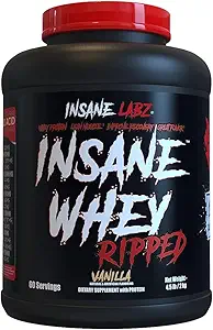 Insane Labz Insane Whey Ripped, Lean Muscle Building Protein med L- Carnitin og CLA Oil Powder, 5lbs 60 Servere, Vanilla