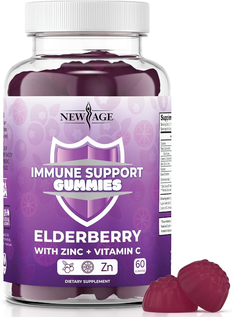 NEW AGE Immunsystem Support Gummies - Sambucus Black Elderberry Gummies med C-vitamin og zink (immunstøtte 60 Gummies)