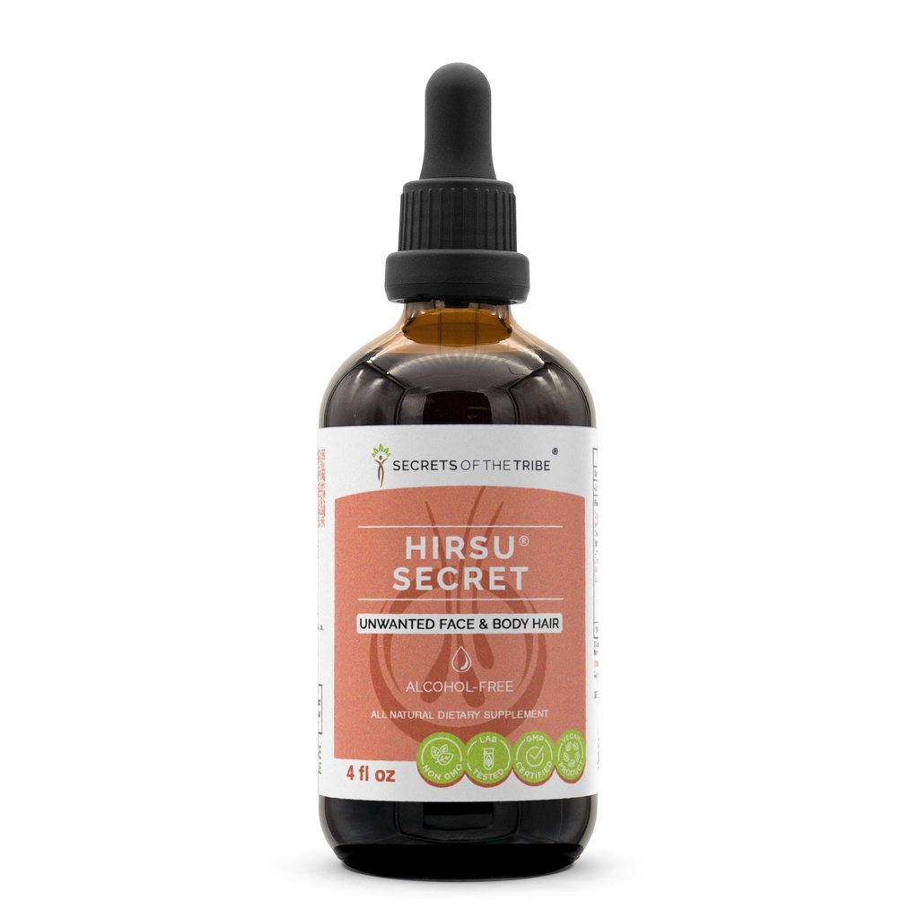Secrets of the Tribe Hirsu Secret Alcohol-Free Extract, Saw Palmetto, Black Cohosh, Vitex, Spearmint, Lavender, Green Tea. Glycerite Tincture, Unwanted Face & Body Hair (4 fl oz)
