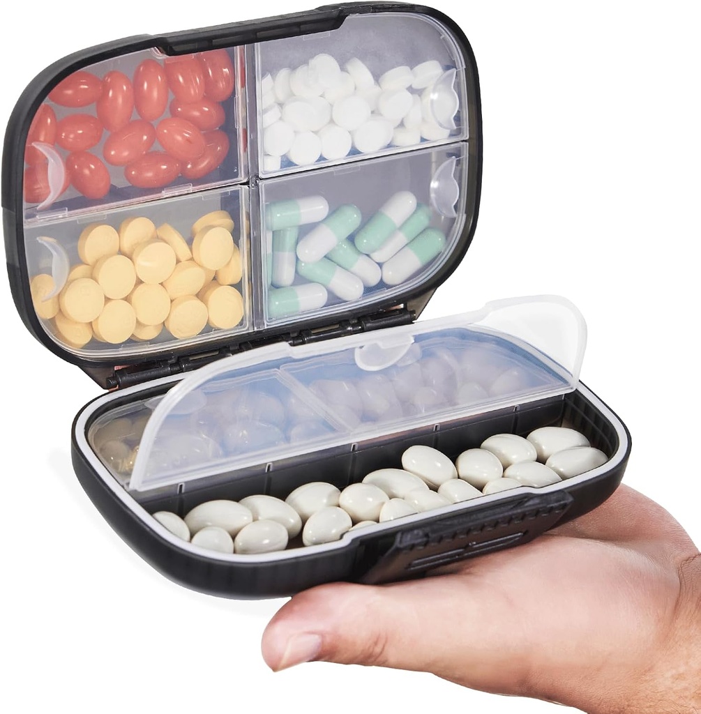 Sukuos Travel Pill Organizer Weekly med Double Lock, Bærbar Pill Box med store 7 Segment, Airtensive Daily Medicine Case Container med etiketter for vitaminer / fiskeolier / kosttilskud