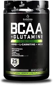 SASCHA FITNESS BCAA 4:1:1 + Glutamine,HMB,L-Carnitine,HICA | Powerful and Instant Powder Blend with Branched Chain Amino Acids (BCAAs) for Pre, Intra and Post-Workout |Natural Lemon Lime Flavor,362.5g