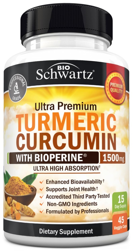 Gurkemeje med sort peber ekstrakt 1500mg - Høj Absorption Ultra Potent Gurkemeje tillæg med 95% Curcuminoider og BioPerine - Ikke GMO Tumeriske kapsler til fælles støtte - 45 kapsler