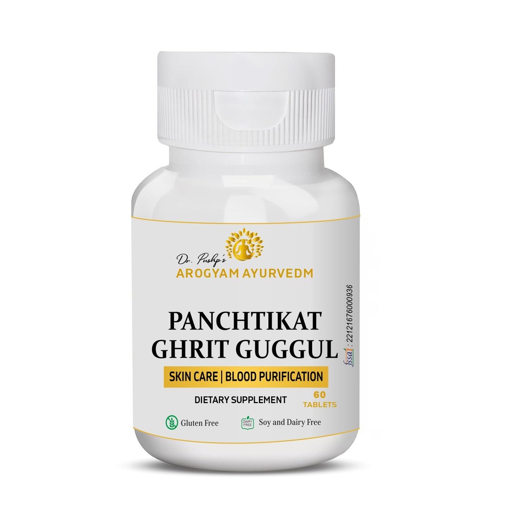 Dr. Pushp's Arogyam Ayurvedm Panchtikta Ghrit Guggul 60 Tablets Ayurvedic Blood Purifier and Skin Care| Supports Detox, Clear Skin and Joint Health| Helps Balance Doshas| Vegan and Gluten Free