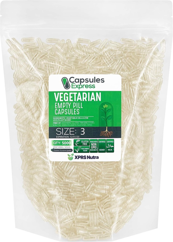XPRS Nutra Størrelse 3 Tomme kapsler - 5000 Tomme Veganske kapsler - Vegetariske Tomme piller - selv vegetabilsk Kapsel Fyldning - Veggie Pill Caps