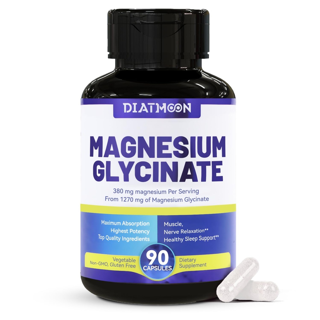 Magnesium Glycinat Kapsler 380mg, Magnesiumtillæg for muskel, hjerte, nervestøtte, 45 Sevings Høj Absorption, Non- GMO & Gluten Free - 90 Tællere