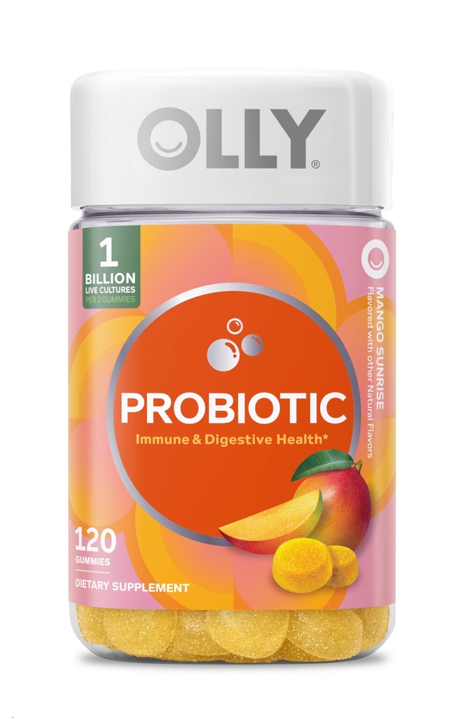 OLLY Probiotic Gummy, Immune and Digestive Support, 1 Billion CFUs, Chewable Probiotic Supplement, Mango, 60 Day Supply - 120 Count