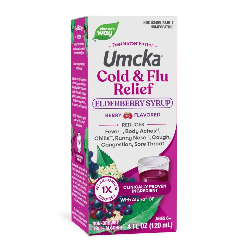 Nature 's Way Cold + Flu Relief Syrup *, Umcka, Sore Throat, Hough, Congestion, Feber *, Body Aches *, Phenylephrine Gratis, Homøopatisk, Non- Drowsy, Berry Flavored, 4 Fl Oz (Packaging May Vary)