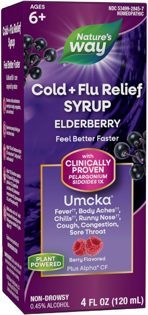 Nature 's Way Cold + Flu Relief Syrup *, Umcka, Sore Throat, Hough, Congestion, Feber *, Body Aches *, Phenylephrine Gratis, Homøopatisk, Non- Drowsy, Berry Flavored, 4 Fl Oz (Packaging May Vary)
