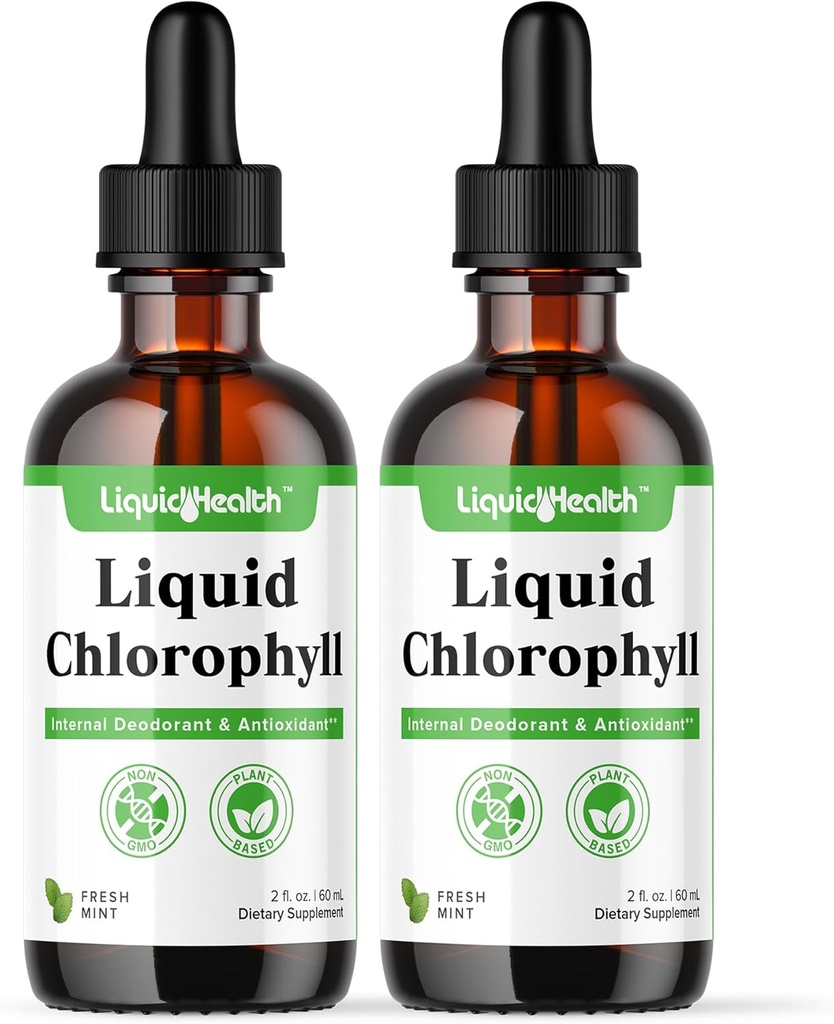 LIQUIDHealth Liquid Chlorophyll Drops - Intern Deodorizer, Antioxidanter, Lever Detox, immunstøtte, Relieve Bad Breature, Reducer Appetit, Collagen for Hår & Hud Sundhed - Vegan, Non- GMO (2 Pack)