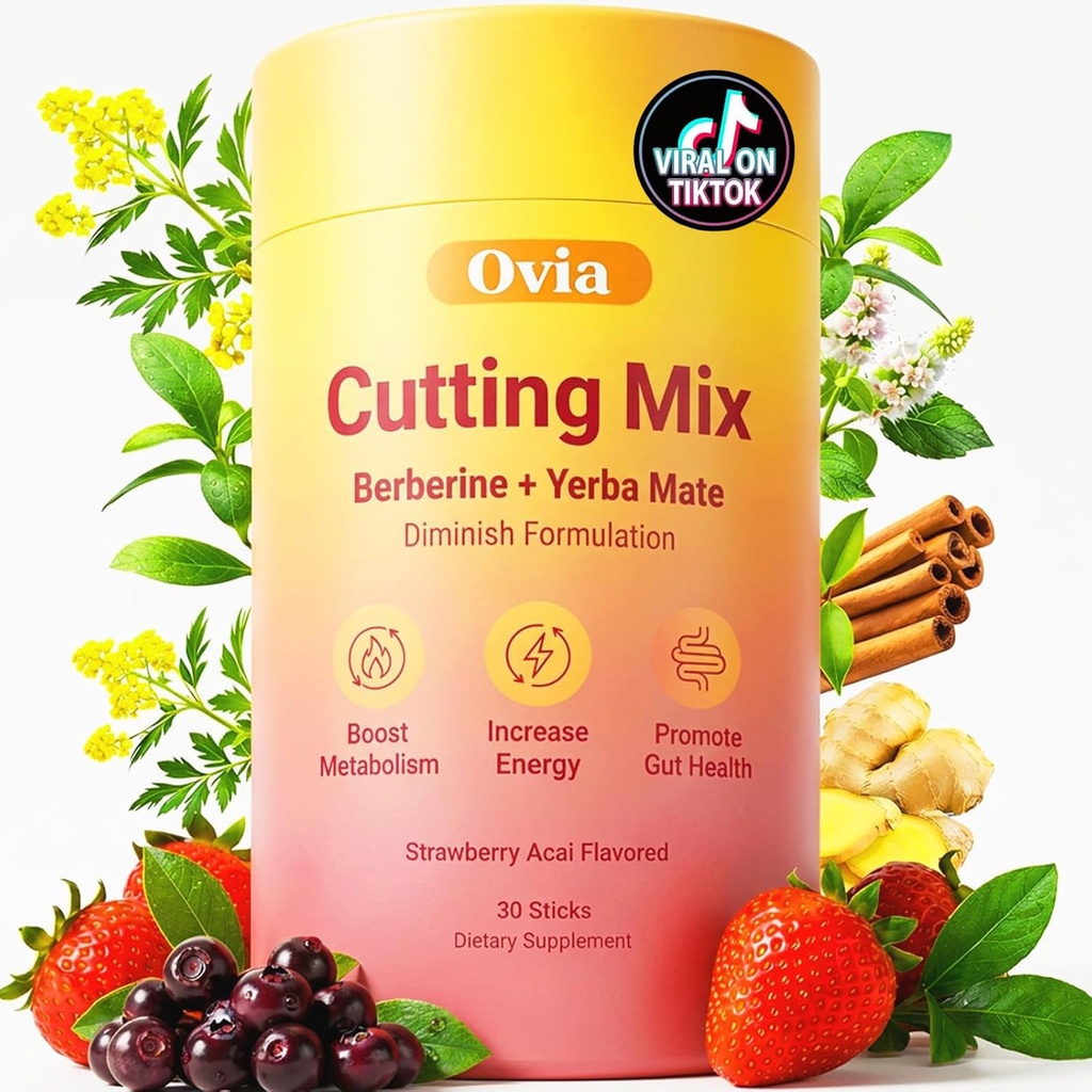 Ovia Cutting Drink Mix, Strawberry Açaí Flavor – Berberine,Chromium,Yerba Mate,Energy & Gut Health – 30 Servings