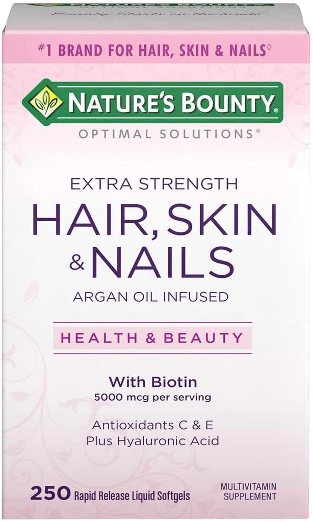 Naturens Bounty hår hud og negle 5000 mcg biotin - 250 overtrukne tabletter Regelmæssig & ekstra styrke (Ekstra styrke, to flasker hver af 250 Softels)