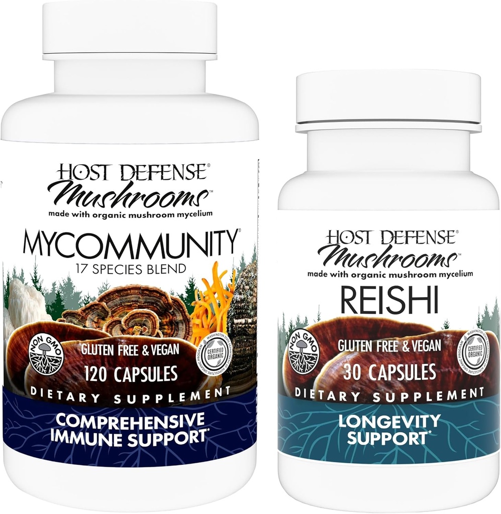 Host Defense MyCommunity Capsules, 120 Count & Reishi Capsules, 30 Count - Support Immune Health with 17 Species Mushroom Blend - Support Brain Health, Memory & Focus*
