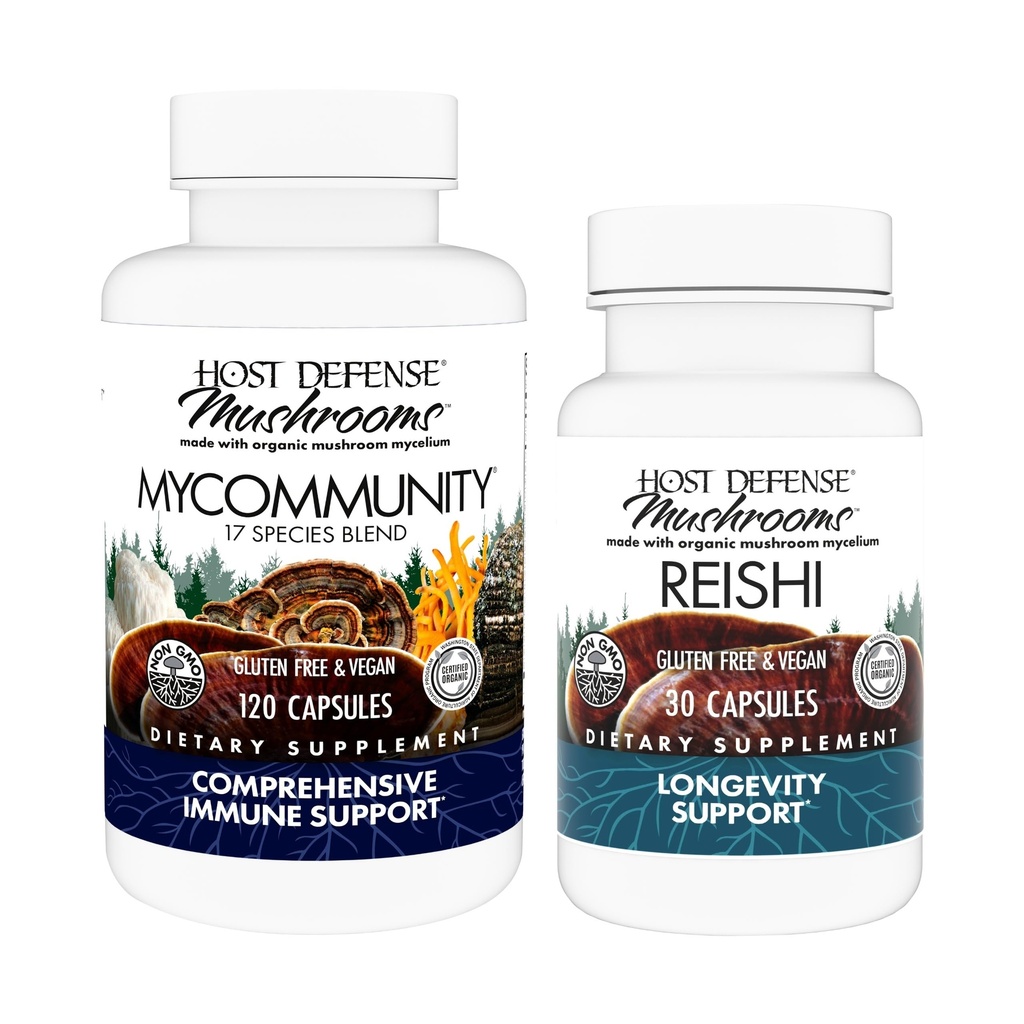 Værtsforsvar MyCommunity Capsules, 120 Count & Reishi Capsules, 30 Count - Support immunforsvar med 17 Arter Mushroom Blend - Support Brain Health, Memory & Focus *