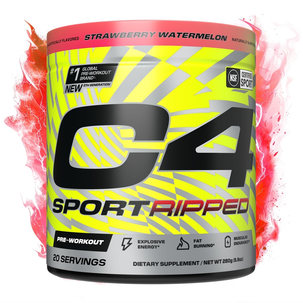 Cellucor C4 Ripped Sport Pre Workout Powder - NSF Certified for Sport - 200mg Caffeine + Cayenne Extract + Carnitine Tartrate + Beta-Alanine - Strawberry Watermelon, 20 Servings