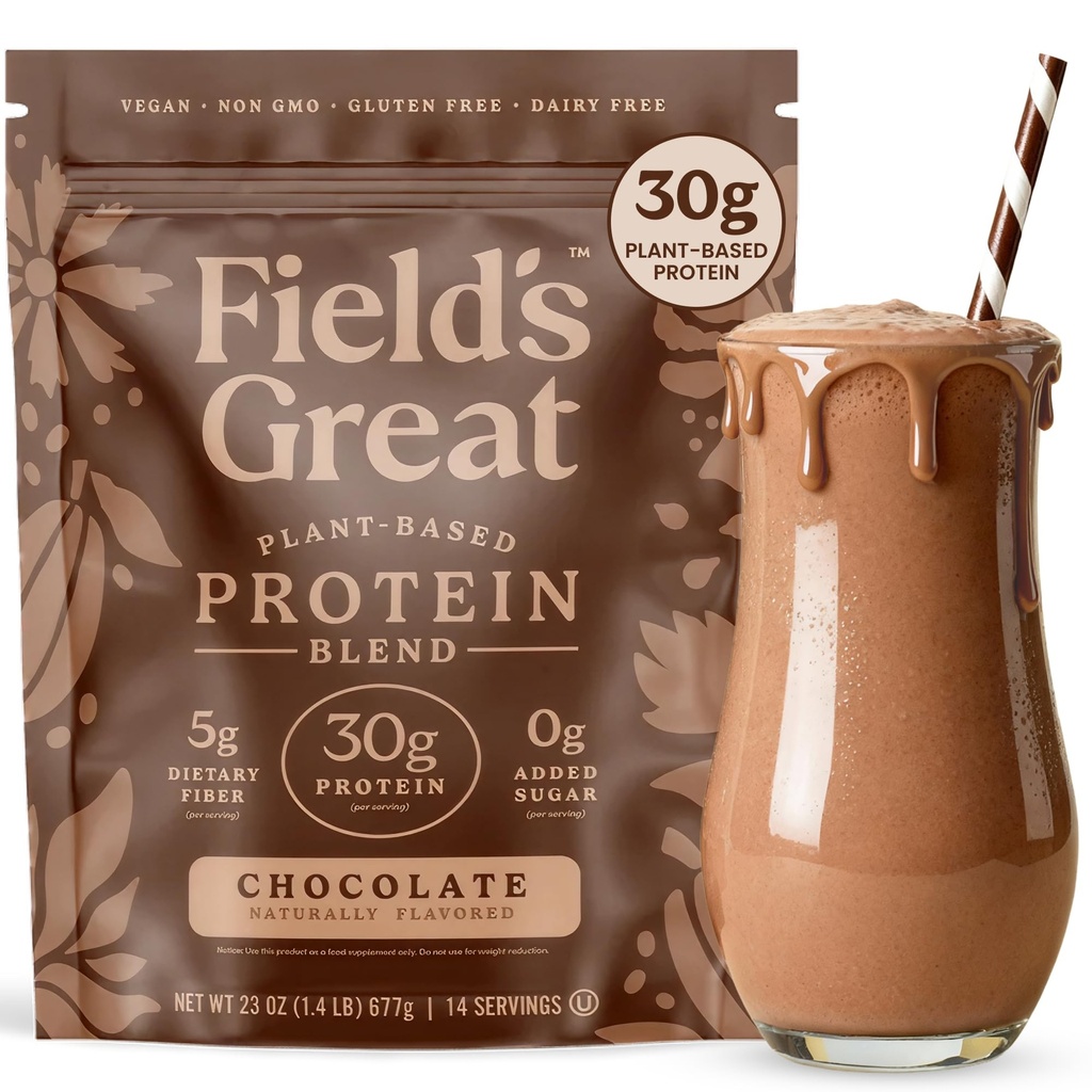 Field's Great All-in-One Plant-Based Chocolate Protein Shake Powder -Healthy Aging, 30g Protein, 5g Fiber + Probiotics, Gut-Friendly, Blood Sugar & Muscle Support, Vegan Meal Replacement, GLP1, 23oz