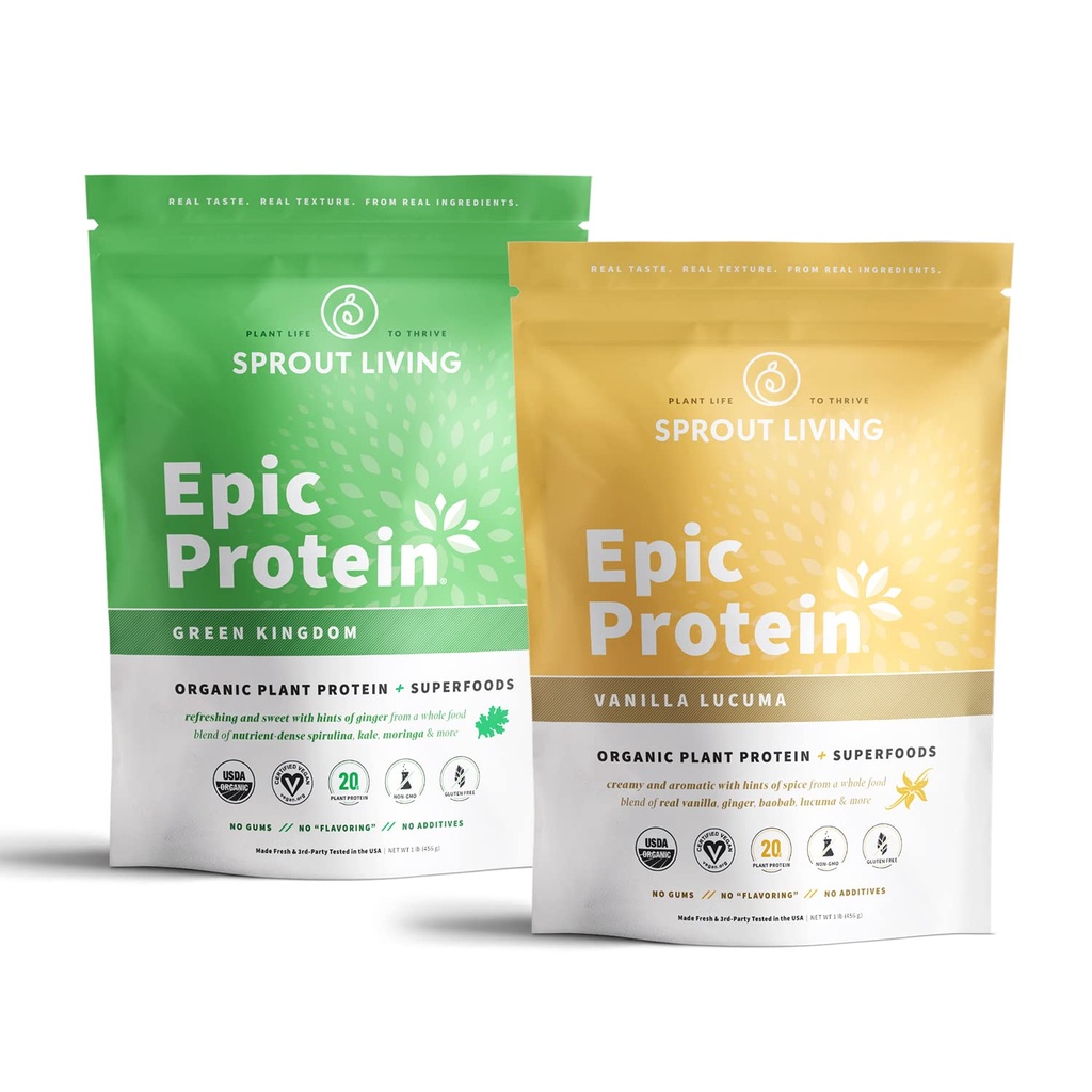 Sprout Living Epic Protein Bundle - Vanilla Lucuma & Green Kingdom (20g Organic Plant-Based Protein Powder, Vegan, Gluten Free, Superfoods) | 1lb, 12 Servings