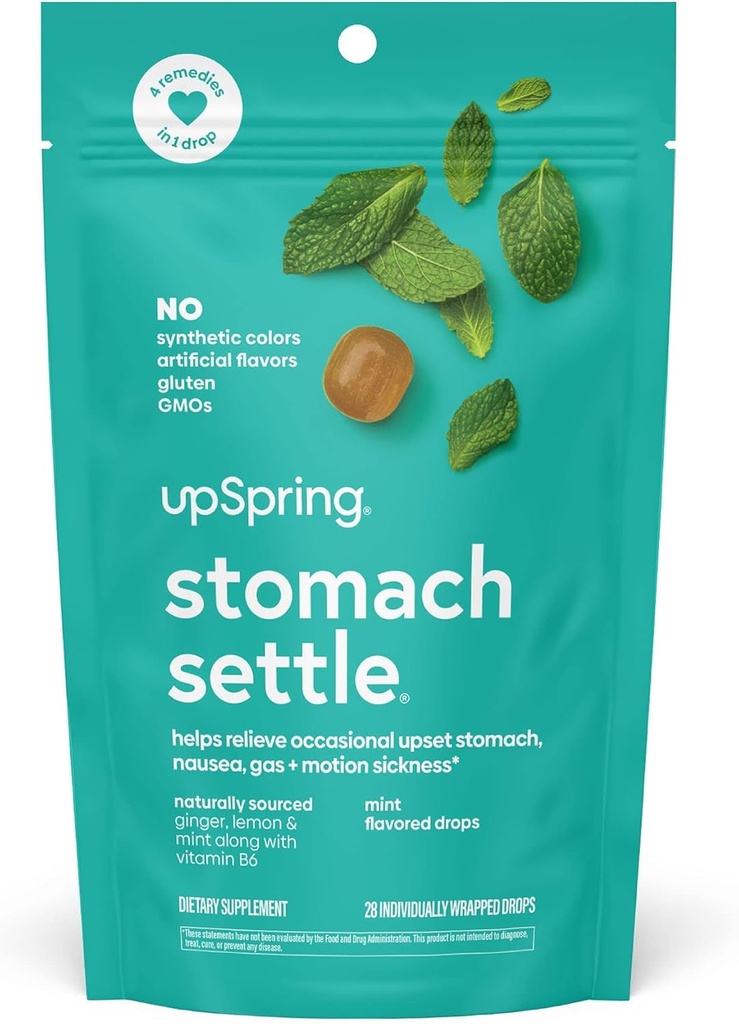 UpSpring Stomach Settle Drops til lejlighedsvis kvalme Relief / Opsat Mave med ingefær, Lemon, Spearmint, og B6. Mint Flavor Drops, 28 Ct (Packaging May Vary)
