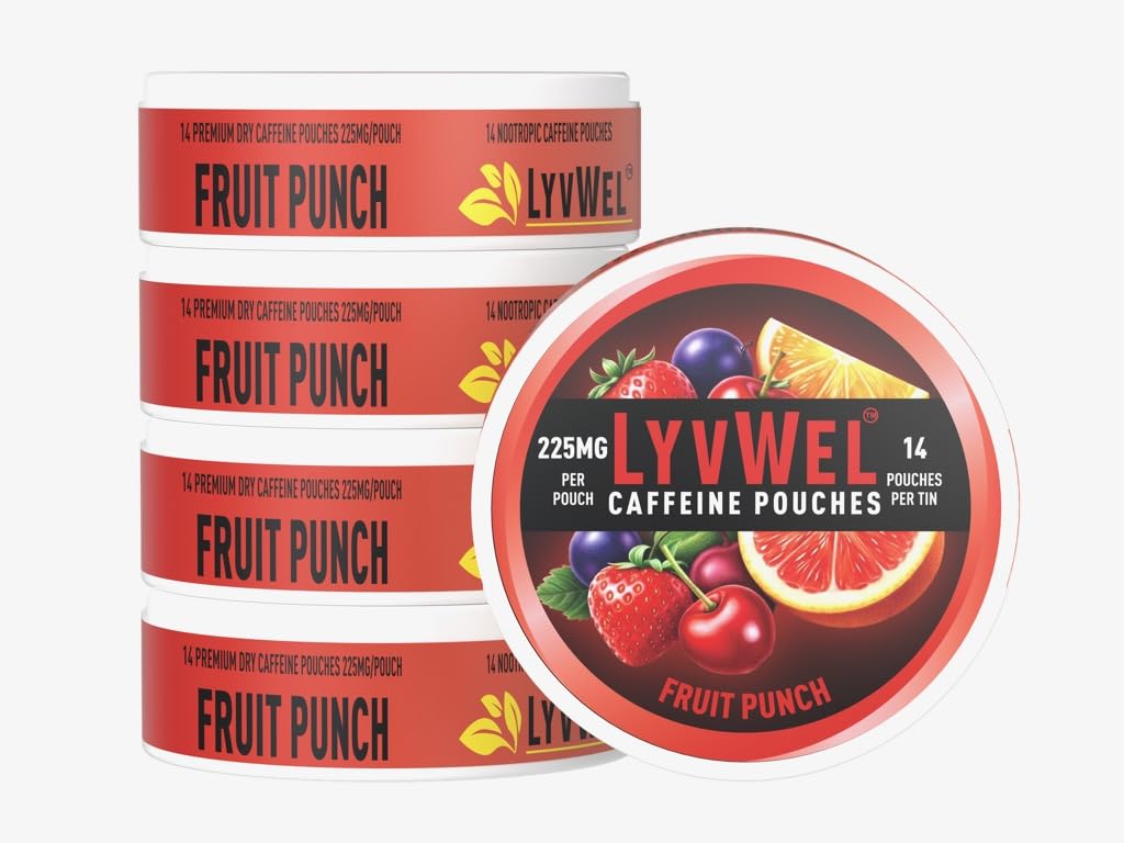 LyvWel 225mg Caffeine Pouches, Guarana-Powered Energy Pouches, Nootropic Pouches, Nicotine Free Pouches & Tobacco-Free (5 Pack, Fruit Punch)