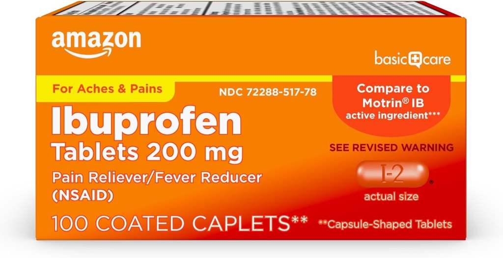 Basic Care Ibuprofen tabletter, 200 mg, Smerte Reliever og Feber Reducer, For Gigt, Tandpine, Backache og mere, 100 Tæl