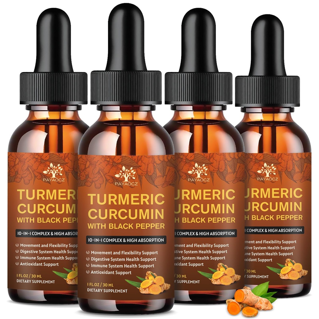 (4 Pack) Organic Turmeric Curcumin Supplement with Black Pepper and Ginger - Liquid Turmeric Extract Drops with Cinnamon, Rosemary - Mobility and Flexibility Support and Digestive Health - 1 Fl Oz