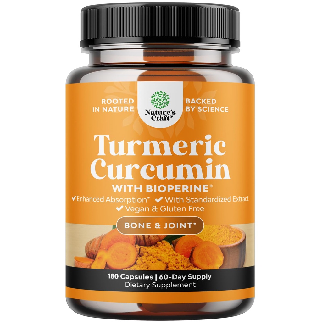 Turmeric Curcumin with Black Pepper Extract - Joint Health Turmeric Supplement with 95% Curcuminoids - Daily Joint Support Supplement with Turmeric and Bioperine for Enhanced Absorption - 180 Count