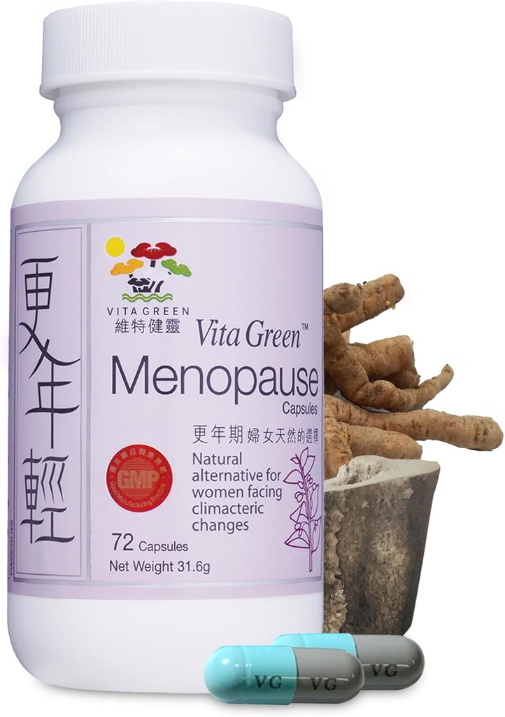 Vita Green Menopause Kosttilskud til kvinder, Hot Flashs Menopause Relief, Menopausale Symptomer, Hormonal Hud & Hårtilstand Forbedre, Søvnlindring, Nat Sweats, 100% Natural - 72 Kapsler
