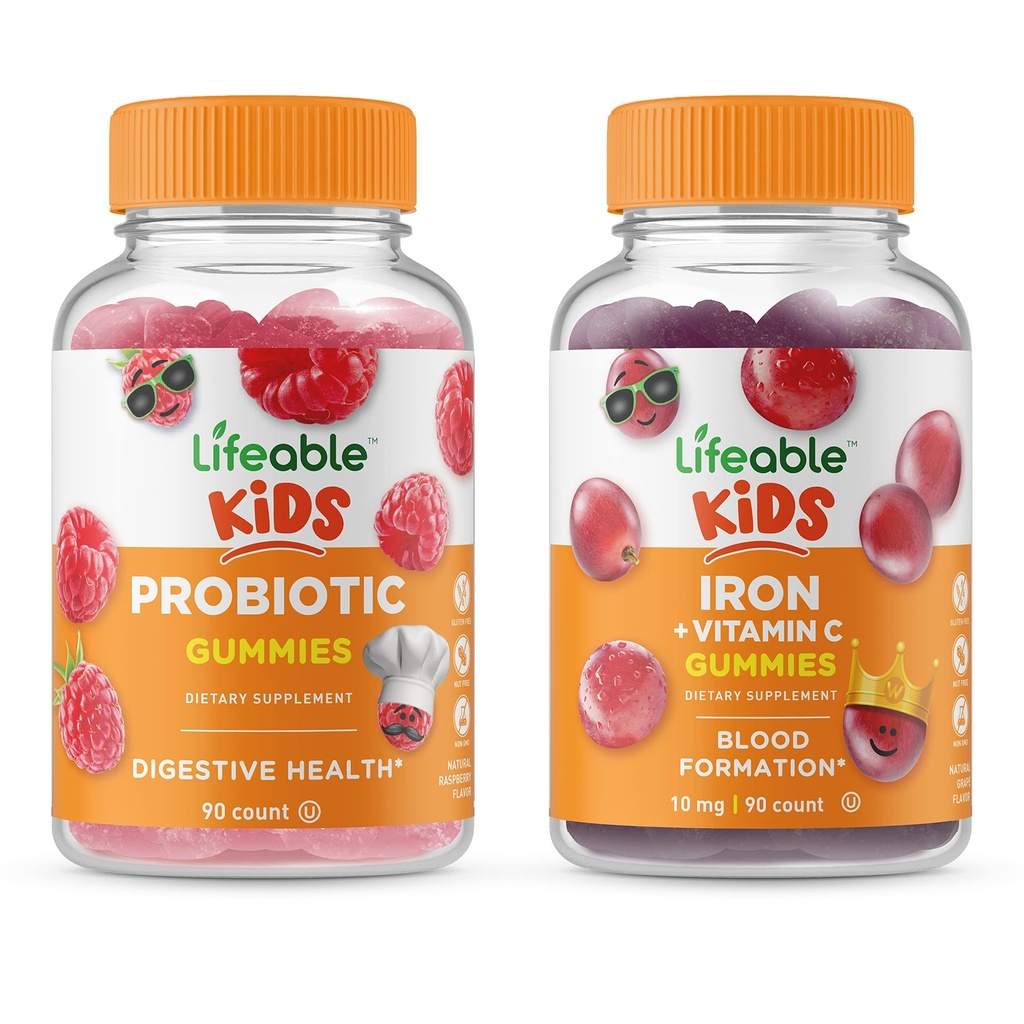 Lifeable Probiotic 2 Millioner CFU Kids + Iron & C-vitamin Kids, Gummies Bundle - Great Tasting, Vitamin Supplement, Gluten Free, GMO Free, Chewable Gummy