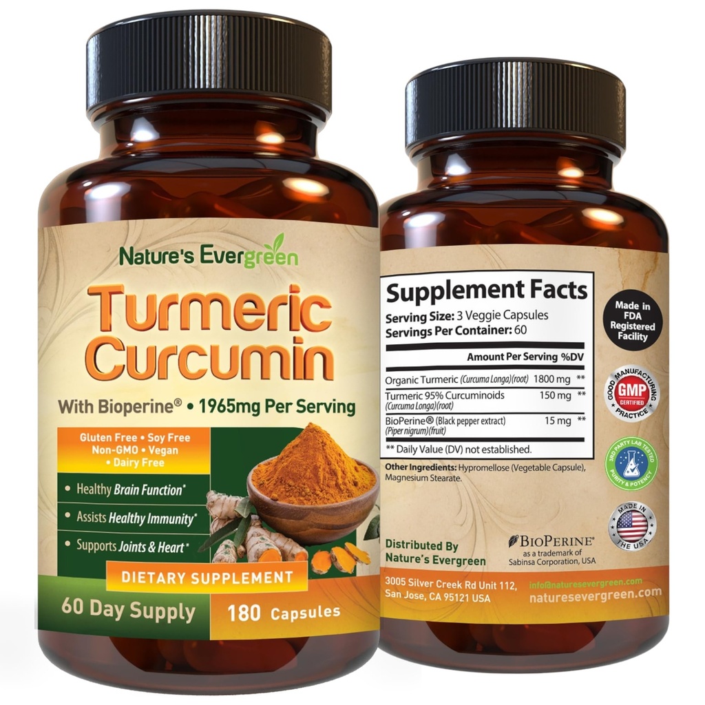 Gurkemeje med sort peber ekstrakt (Bioperine) & Økologisk gurkemeje Vegan fælles supporttillæg. Uddrag 95% Curcuminoids 1965mg tillæg for sunde joints & immunforsvar. 180 Kapsler