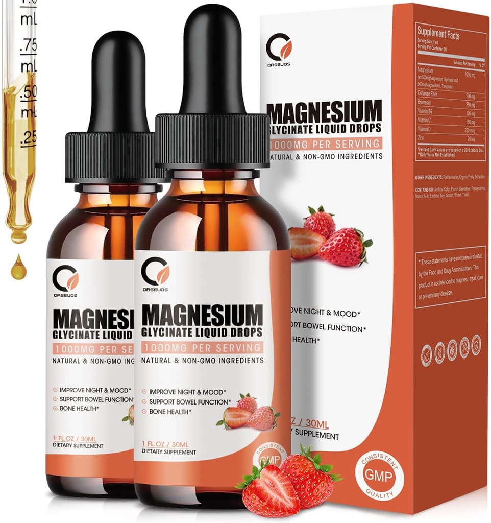 Magnesium Glycinate Liquid Drops, 1000 mg Liquid Magnesium Supplement med bromelain, vitamin B6 C D, høj absorption Magnesiumkompleks til nat, muskel & energistøtte, 1 Fl Oz (pakke med 2)