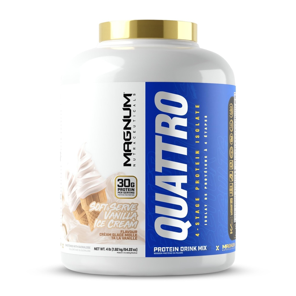 Magnum Quattro Whey Protein Powder | 30g Protein | 4-Isolate Blend — Whey Isolate, Hydrolyzed Whey, Micellar Casein, Milk Isolate | Low Carb, Low Fat, Gluten Free | 4LB (Soft Serve Vanilla Ice Cream)