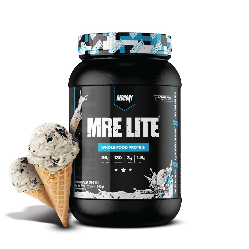 REDCON1 MRE LITE Whole Food Protein Powder, Cookies & Cream - Lactose Free Meal Replacement with Animal Protein Blends - Easy to Digest Formula - Only 3g Carb per Serving (30 Servings)
