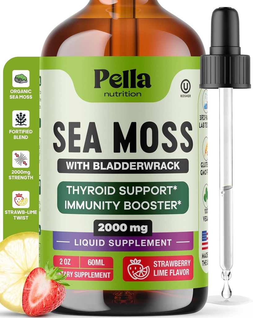 Pella Nutrition Sea Moss Drops med Bladderwrack - 4X Hurtigere absorption end Irish Sea Moss Gel Superfood, Gummies, og kapsler - fordøjelsesfremmende & immunforsvar supplement (Strawberry Lime, 60ml)