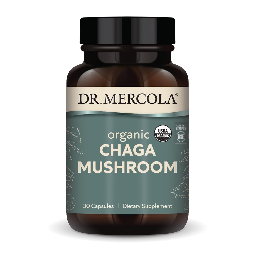 Dr. Mercola Organic Chaga Mushroom, 30 Servere (30 tabletter), Kosttilskud, Understøtter sund immunfunktion, Non- GMO, Certificeret USDA Organic, NSF Indhold Certificeret