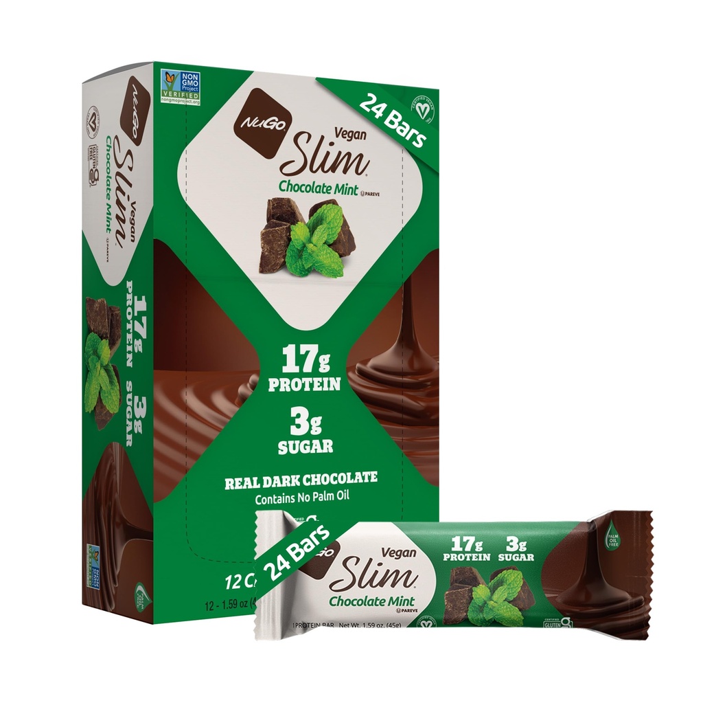 Nugo Slim Dark Chocolate Mint, 18g Vegan Protein, 3g Sukker, 6g Fiber, Low Net Carb, Keto Friendly, Gluten Free, 24 Greve