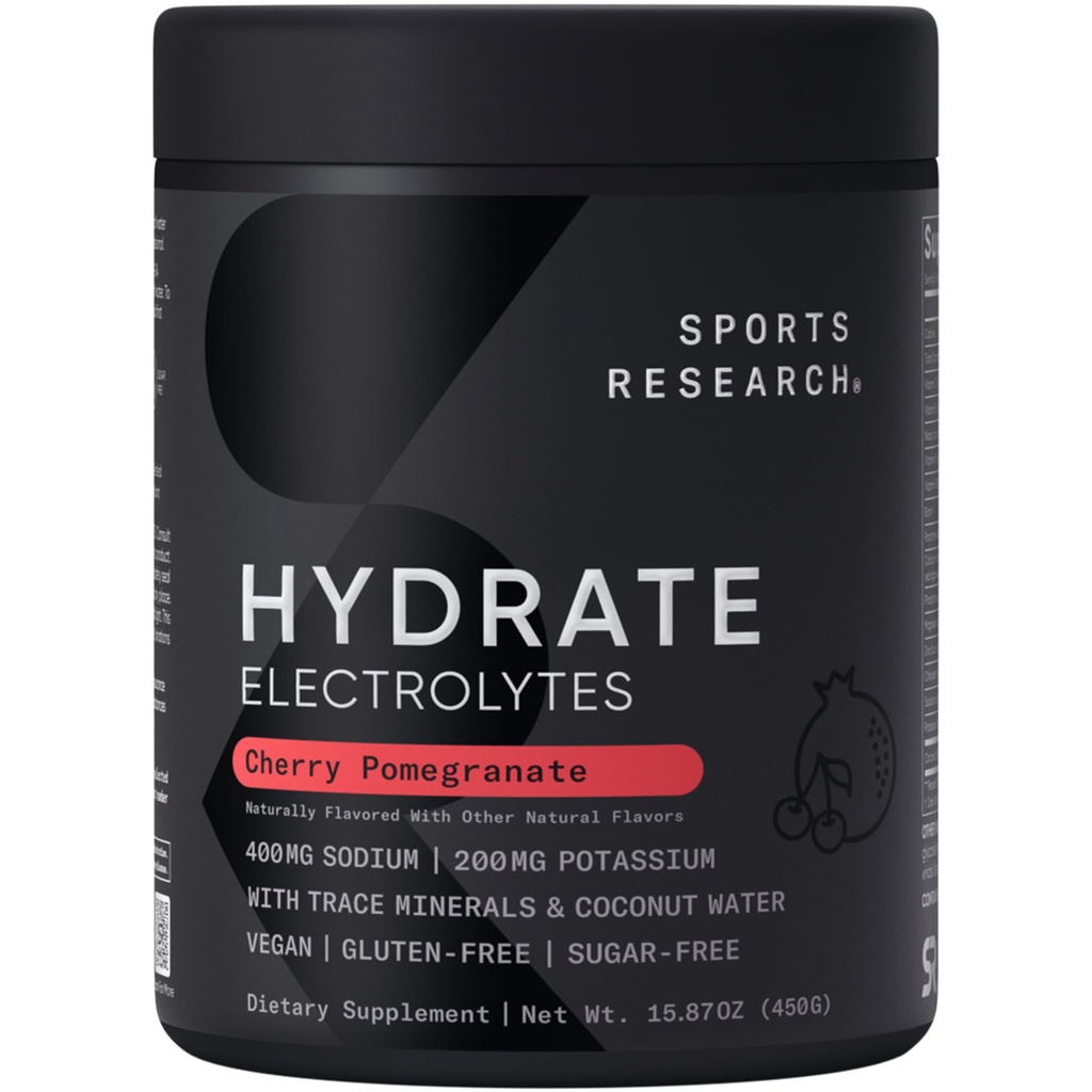Sportsforskning ® Hydrate Electrolytes Powder - Sugar- Free & naturligt tilsat vitaminer, mineraler og kokosvand - Understøtter hydrering - Cherry Pomegranate - 90 Servering